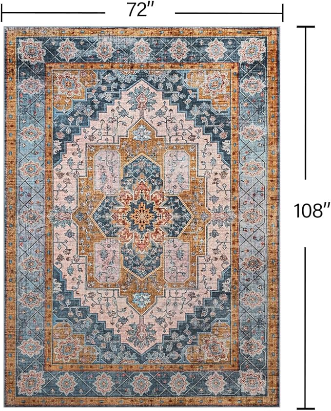 YJ.GWL Area Rugs for Living Room 6x9 Machine Washable Rugs, Non Slip Floral Vintage Rug Indoor Carpet, Stain Resistant Large Rug for Bedroom Dining Room, Brown Blue