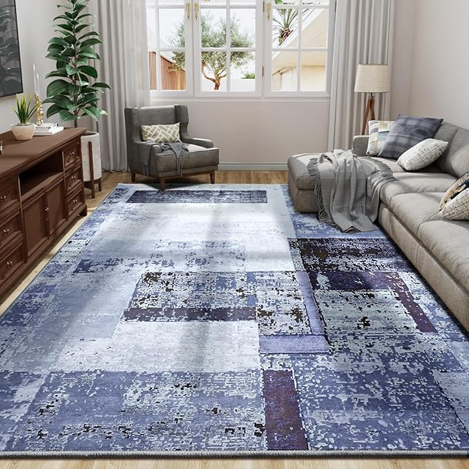 LOCHAS Rug for Living Room, Washable Soft Area Rugs for Bedroom 8x10, Abstract Carpet for Indoor Office Kids Dining Room Nursery Floor, Blue Geometric Vintage Home Decor, Non Slip, Pet Child Friendly