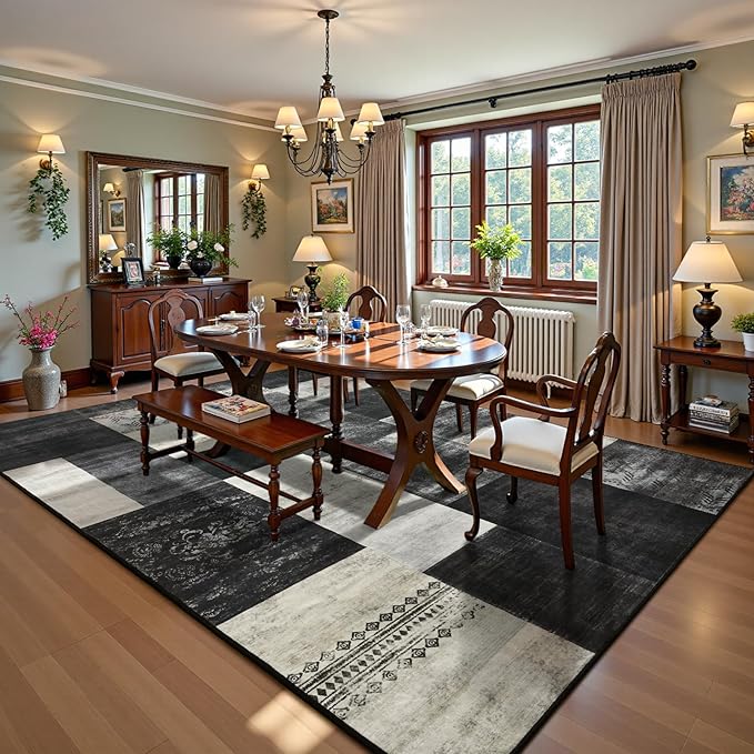 DweIke Large Modern Washable Area Rugs 8x10, Living Room Rug Non-Slip and Non-Shedding Large Rugs for Bedroom, Low Pile Indoor Rubber Backed Carpets for Dining Office Home Decor, Black and White