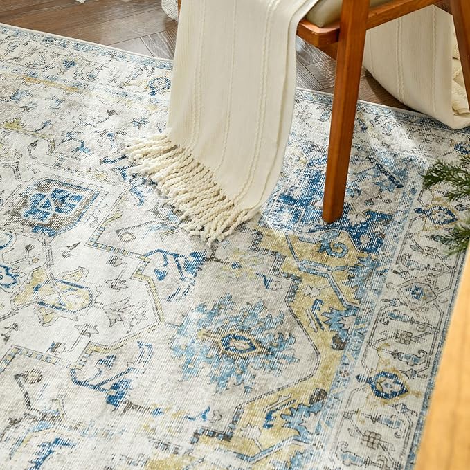 jinchan Kelda Area Rug 6x9 Washable Living Room Rug Vintage Indoor Large Floor Cover Distressed Lightweight Non-Slip Low Pile Thin Mat Accent Stain Resistant Carpet for Bedroom Office Light Blue