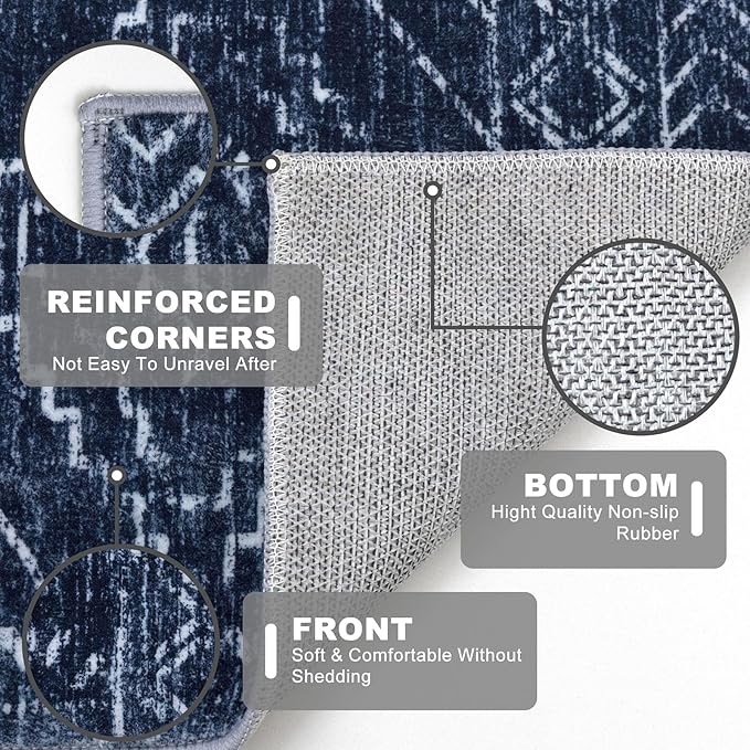 KILOCOCO Hallway Runner Rug 2x7 Runners for Hallways Washable Runner Rug Non Slip Rubber Backed Low-Pile Runners for Bedroom Kitchen Living Room Laundry Room Boho Rugs, Dark Blue