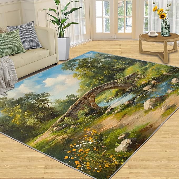 Forest Rugs for Bedroom - 6x9 Area Rug - Stone Bridge Stream Rugs for Living Room, Retro Country Style Rug, Non-Slip Washable Home Decor Carpet