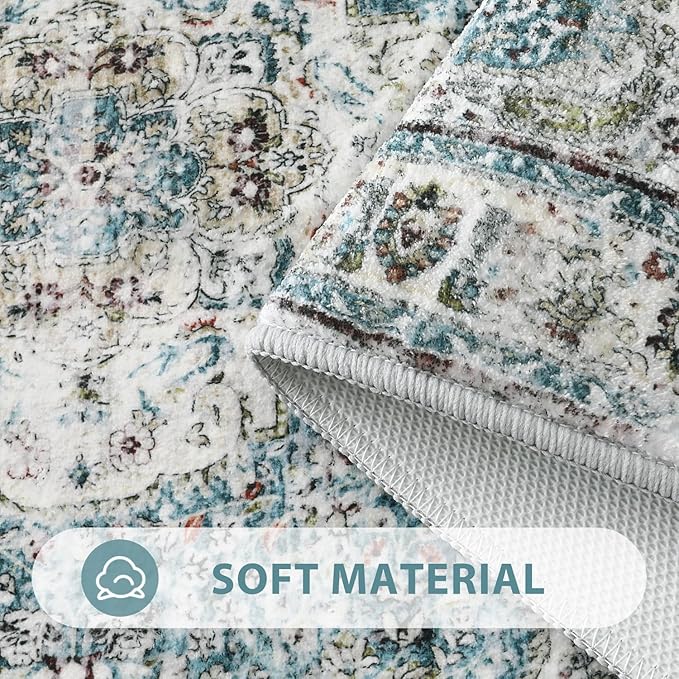 Uphome Bathroom Rugs Runner, Distressed Farmhouse Boho Blue Bath Mat, Non Slip Washable Long Bath Rugs, Vintage Traditonal Soft Velvet Bathroom Runner for Bathtub Sink Shower, 18x47 inch