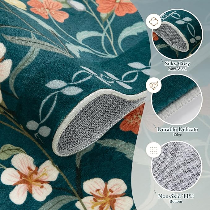 Wonnitar Washable 5x7 Floral Rugs for Living Room, Non-Slip Soft Bedroom Rug, Vintage Low Pile Dining Room Teal Green Area Rug Floor Carpet for Mud Room (Teal Green,5'x7')