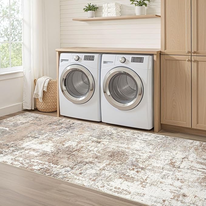Runner Rug Kitchen Washable Rugs: 3x8 Non-Slip Abstract Soft Modern Stain Resistant Indoor Floor Neutral Accent Throw Carpet for Hallway Bathroom Laundry Room Entryway Bedroom- Brown