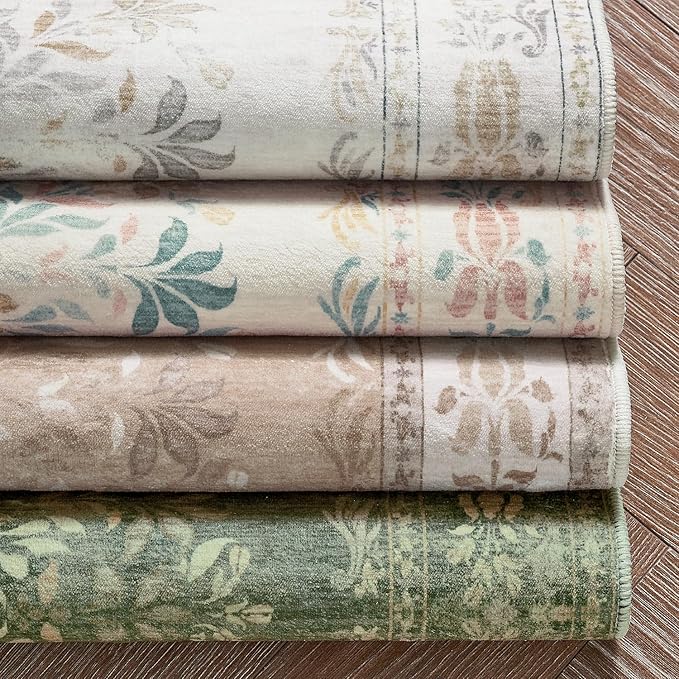 jinchan Hallway Runner Rug 2x8 Vintage Floral Distressed Design - Machine Washable Non-Slip Low-Pile Soft Thin Faux Wool Kitchen Carpet for Farmhouse Bedroom Laundry Room(2x8ft,Dark Green)