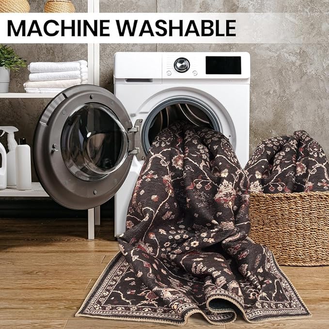 GLN Rugs Traditional Collection - Machine Washable Area Rug, Traditional Washable, Non Slip, Low Pile Chenille Rug, Living Room, Bedroom, Kitchen Rug (5' x 7' Black)
