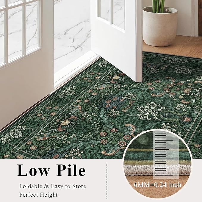 6x9 Floral Washable Area Rugs for Living Room, Vintage Boho Large Rug for Bedroom Dining Room， Distressed Botanical Birds Non Slip Low Pile Forest Throw Carpet for Farmhouse Office, Bright Green