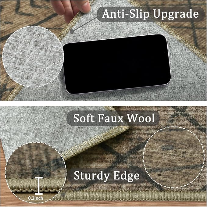 4x6 Machine Washable Area Rug for Living Room, Brown Black Vintage Moroccan Rug Large Non-Slip Low Pile Soft Faux Wool Carpet, Kids and Pets Friendly for Bedroom Dining Room Farmhouse Home Decor Rug