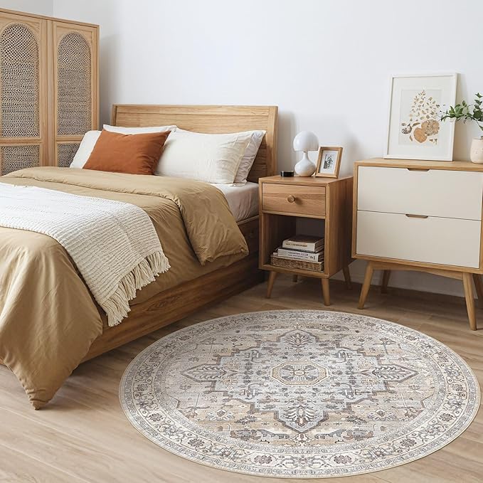 Round Rug Living Room Rugs: 6x6 Washable Boho Neutral Large Circle Soft Indoor Distressed Stain Resistant Floor Farmhouse Carpet for Bedroom Nursery Kids Playroom Office Dining Room Dorm- Cream Gray