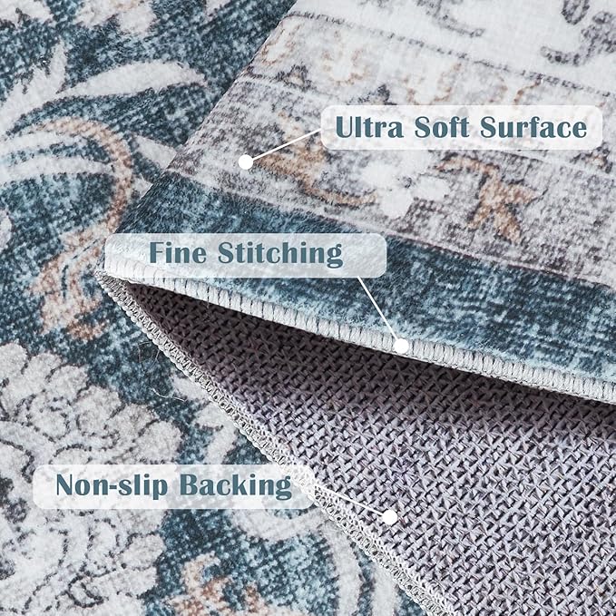 jinchan Floral 8x10 Area Rug for Living Room Machine Washable Vintage Distressed Boho Design Throw Rug Stain Resistant Carpet Low-Pile Thin Non-Slip for Bedroom Dining Room Nursery (8‘x10', Dark Blue)