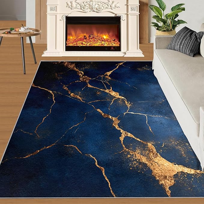 5x6 Abstract Marble Rugs for Office - Dark-Blue-Marble Living Room Carpet, Luxury Stone Pattern Bedroom Area Rug Kids Low Pile Rug for Indoor Outdoor Hardwood Floors Home Decor