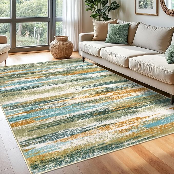 Modern Abstract 6x9 Machine Washable Living Room Rug Non-Slip Soft Bedroom Area Rug Green Mustard Multi Ultra Thin Print Faux Wool Floor Carpet Throw Rug for Nursery Playroom Dining Room Indoor