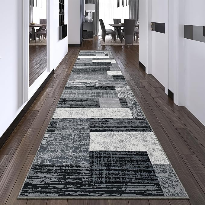 Indoor Runner Rug, Washable Runner Rug with Rubber Backing, Modern Geometric Patchwork Aesthetic Carpet for Bedroom, Living Room, Hallway, Entryway, Washable Rugs Rockwood Collection, 2.7x10 Ft Grey