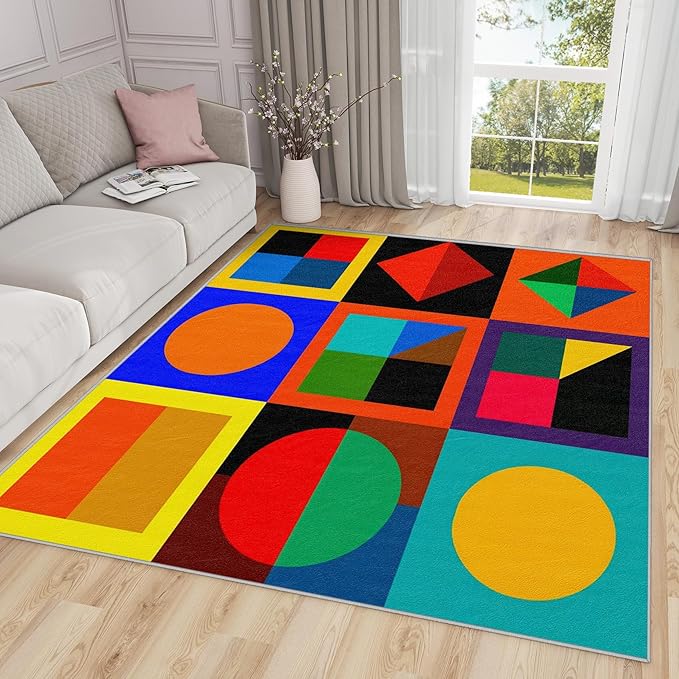 6x9 Rug Washable - Geometric Rug for Bedroom, Colorful Abstract Modern Funky Non Slip Low Pile Area Rugs for Living Room, Geometric Carpets Home Decor & Gifts