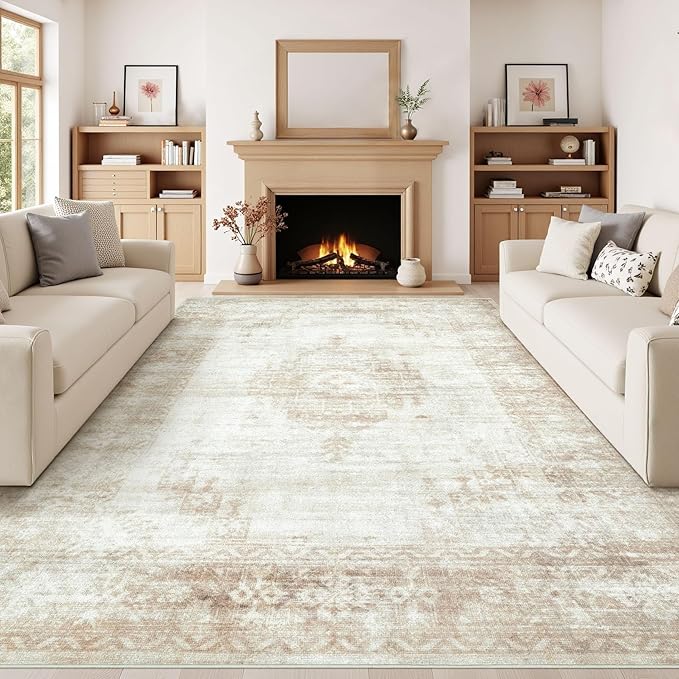 Vintage Living Room Area Rug - 8x10 Large Machine Washable Boho Moroccan Distressed Farmhouse Rugs for Bedroom - Soft Non-Slip Indoor Floor Accent Rugs for Office Dining Room (Beige, 8'x10')