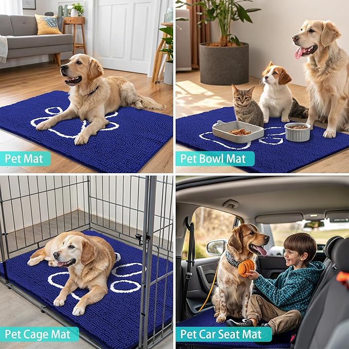 Smiry Dog Door Mat for Muddy Paws, Absorbent Dirt Trapper Non Slip Quick Dry Washable Chenille Mat for Mud Dogs, Entry Rug for Indoor and Outdoor (71x46 Inches,Navy Blue and White)
