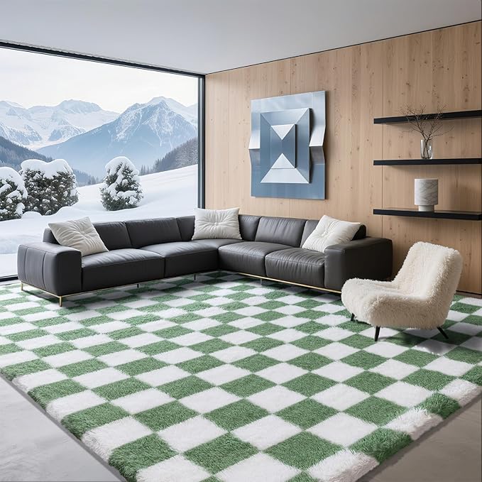 8x10 Area Rugs for Living Room Bedroom, Soft Fluffy Shaggy Bedside Rug, Indoor Floor Carpet for Kids Playroom, Dorms, Nursery Rooms, Home Decor (Green & White 8'x10')