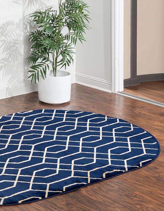 Unique Loom Glam Collection Area Rug - Trellis (5' 3' x 8' Oval, Navy Blue Gold/ Gold)