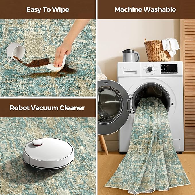 WITSHOCK Living Room Area Rugs 10x12：Modern Abstract Machine Washable Large Rug for Bedroom Dining Room Non-Slip Stain Resistant Home Office Decor,Teal Brown