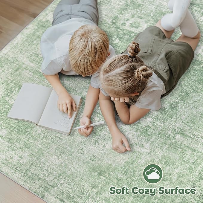Area Rug 10x14 Washable Rug, Vintage Boho Medallion Rugs Non-Slip Soft Low Pile Large Distressed Rug Indoor Retro Carpet for Living Room Bedroom Dining Room Home Office (Sage Green, 10'x14')
