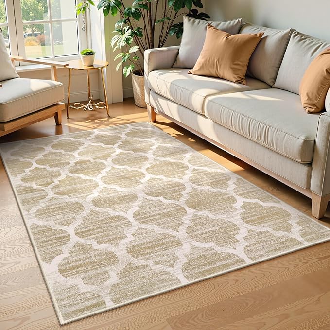 Lahome Moroccan Washable Rugs 3x5 - Non-Slip Entryway Rug Boho Soft Bedroom Rugs Aesthetic Throw Office Taupe Print Distressed Indoor Floor Carpet for Bathroom Laundry Room Dining Room