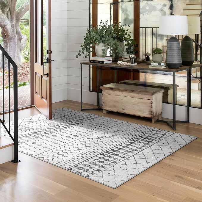 4x6 Machine Washable Area Rug for Living Room, Grey White Vintage Moroccan Rug Large Non-Slip Low Pile Soft Faux Wool Carpet, Kids and Pets Friendly for Bedroom Dining Room Farmhouse Home Decor Rug