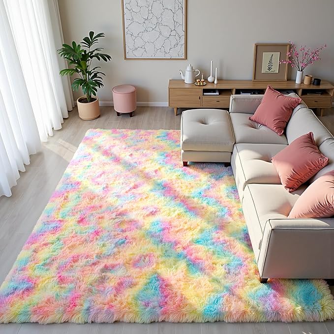 Zentavio Unicorn Rugs for Girls Room 6x9 Area Rugs for Living Room Carpet for Bedroom Washable Soft Fluffy Shag Aesthetic Plush High Pile Throw Rug for Nursery Kids Room Dorm Room Rainbow
