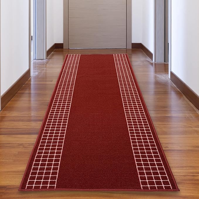 Custom Made Runner Rug for Kitchen Foyer Hallway Entry Choose Your Length 26 Inch Wide Geometric Checkered Design Red Color (12 feet x 26 inch)