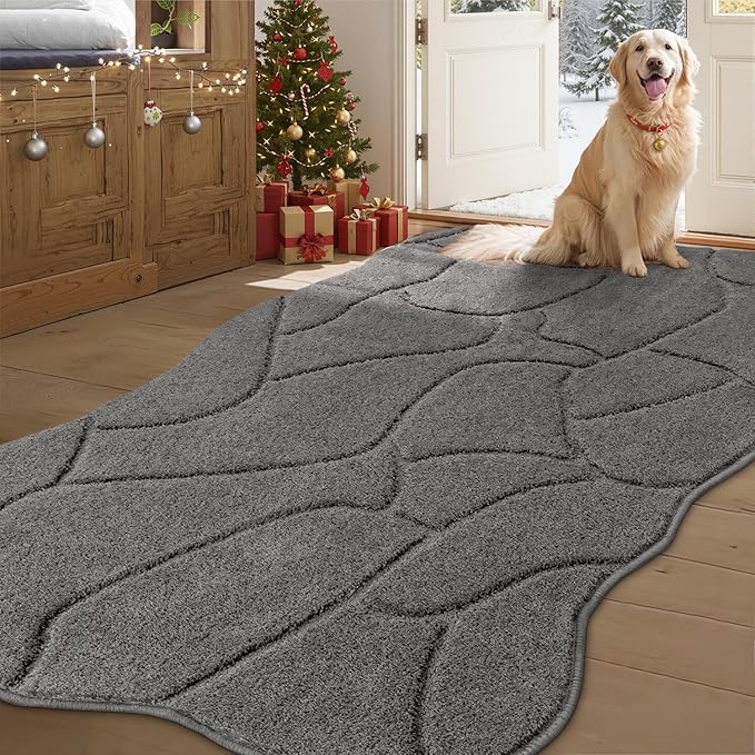 BSICPRO Large Dog Door Mat for Muddy Paws, 35x59 Absorbent Dirt Trapper Long Door Mat, Non-Slip Washable Mud Mat for Dogs, Polyester Microfiber Soft Pet Rug for Entryway, Mud Dog Paws, Patio (Gray)