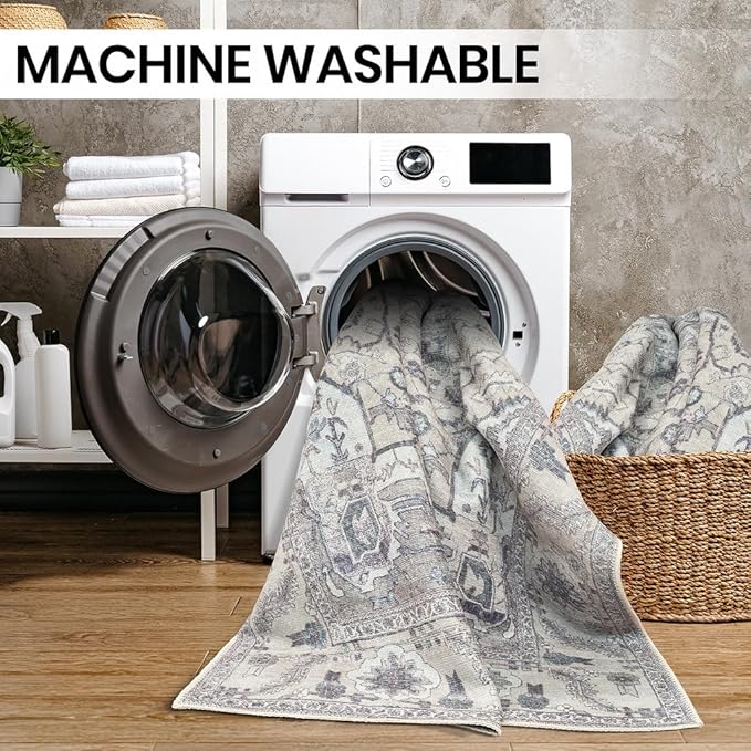 GLN Rugs Traditional Collection - Machine Washable Area Rug, Traditional Washable, Non Slip, Low Pile Chenille Rug, Living Room, Bedroom, Kitchen Rug (5'3" Round Cream/Gray)