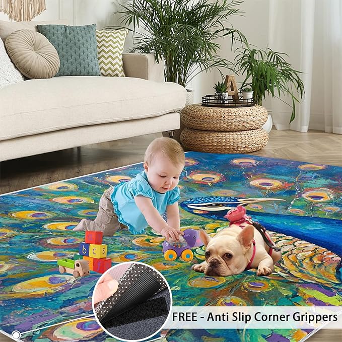 Peacock Rug Large - 6x8 Rug, Turquoise Teal Peafowl Washable Rugs for Living Room, Peafowl Decor Carpet, Modern Style Non-Slip Area Rugs for Bedroom, Aesthetics Carpet - Peafowl Home Decor & Gifts
