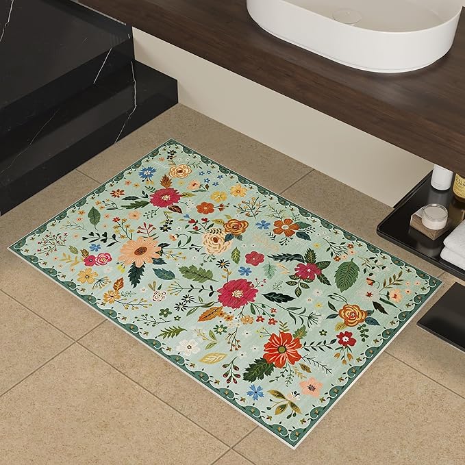 2x3 Washable Rug for Entryway, Floral Green Soft Small Area Rug, Non Slip Doormat Indoor Entrance Carpet, Flower Low Pile Front Door Throw Rug for Bedroom, Kitchen, Laundry, Bathroom, Sage Green