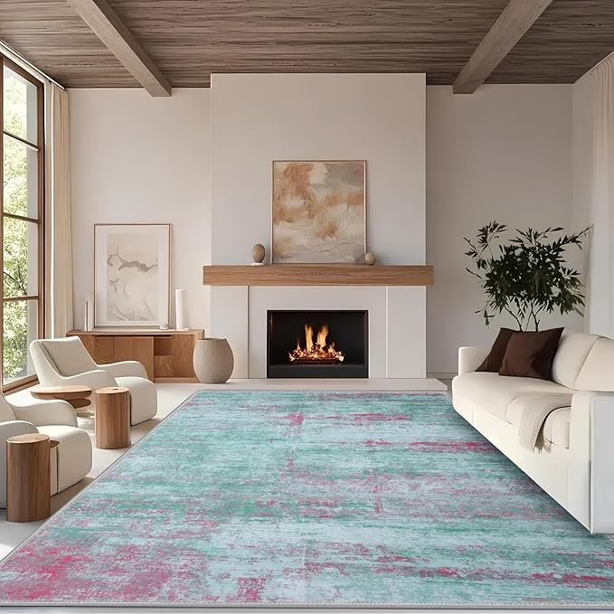6x9 Abstract Area Rugs for Living Room, Modern Washable Indoor Rug for Bedroom, Thin Soft Large Non-Slip Carpet for Dining Room Home Office Farmhouse Decor - Abstract Green Red