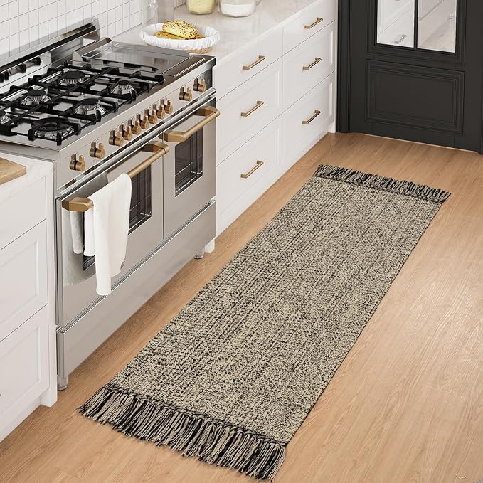 Collive Kitchen Runner Rug, 2x4.3 Hand-Woven Reversible Washable Bathroom Runner Rug for Entryway, Natural/Black Cotton Woven Boho Farmhouse Front Door Rug for Bedroom Entry Kitchen Floor Door Decor