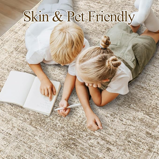 Washable Area Rug 8x10, Large Soft Rugs for Living Room Vintage Area Rugs for Bedroom Dining Room Non-Slip Stain Resistant Brown Under Table Rug