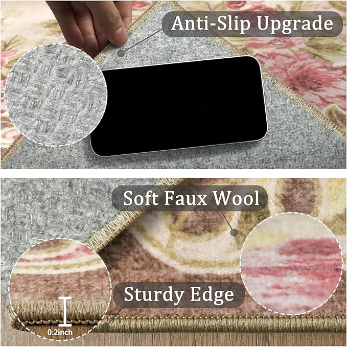 2x6 Machine Washable Runner Rug, Kitchen Hallway Area Rug Pink Vintage Boho Floral Ultra Non-Slip Low Pile Soft Faux Wool Carpet, Kids and Pets Friendly for Bedroom Entryway Nursery Home Decor Rug