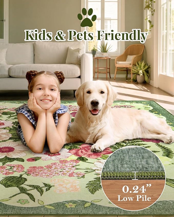Floral Washable 5x7 Area Rugs - Living Room Rug Non Slip Low Pile Stain Resistant Carpets Indoor Vintage Flower Print Rug for Bedroom Dining Room Kitchen Home Office Green