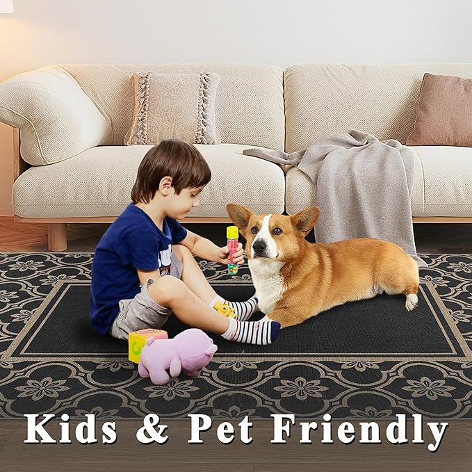 Moroccan Floral Easy Jute Rug 5x7 Outdoor Patio Rug Washable Area Rugs for Living Room Bedroom Non Slip Neutral Farmhouse Indoor Outdoor Carpet for Backyard Patio Office