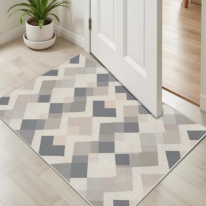 Modern Area Rug Living Room Rugs 6x8, Minimalist Soft Boho Geometric Rug, Non-Slip Washable Low Pile Non Shedding Carpet for Bedroom Office Dining Room Kitchen Nursery, Gray Beige White