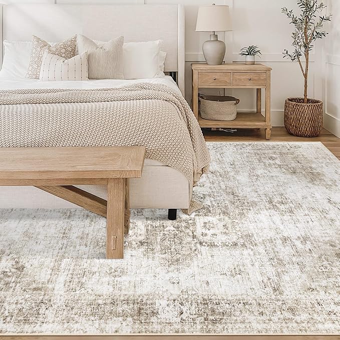Area Rug 6x9 Washable Rug, Vintage Boho Medallion Rugs Non-Slip Soft Low Pile Large Distressed Rug Indoor Retro Carpet for Living Room Bedroom Dining Room Home Office (Taupe, 6'x9')