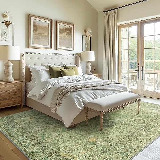 Bavni Washable Rug 9x12 Area Rug for Living Room Bedroom Dining, Washable Vintage Print Carpet, Ultra-Thin Chenille Low Pile Lightweight Rug with Non Slip Backing, Light Green