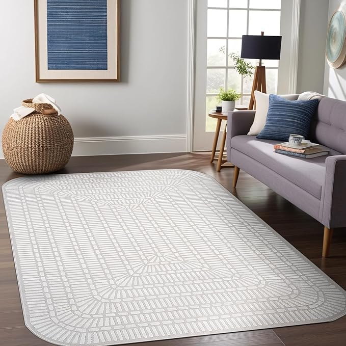 Beverly Rug Modern Geometric Area Rug 4x6 Low-High Pile Durable Soft Abstract Grid Indoor Rugs for Living Dining Room Office Stain Resistant Non Shedding Casual Indoor Carpet Beige White 4 x 6