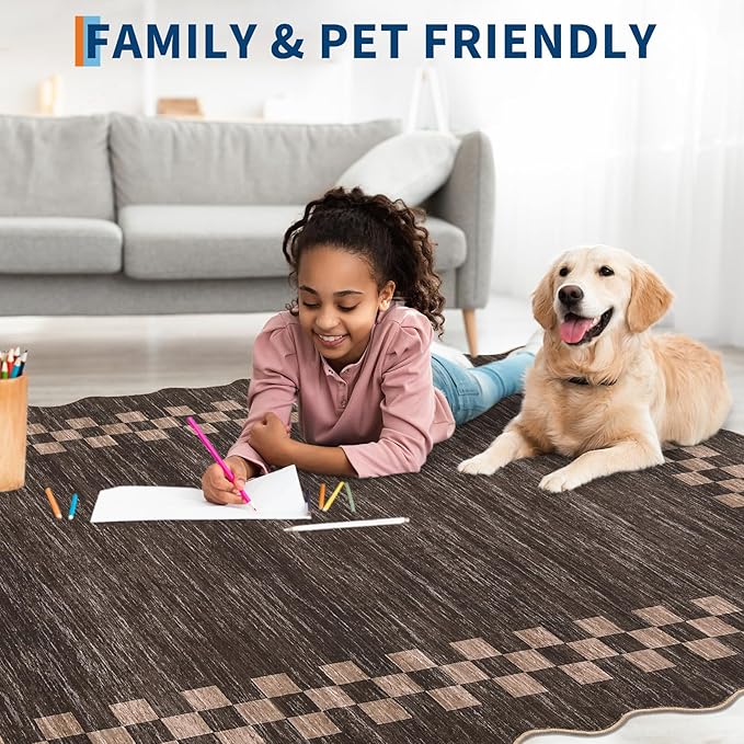 GarveeHome Scalloped Round Rug 4ft Modern Solid Color Circle Rugs Non Slip Low Pile Living Room Throw Carpat Washable Bedroom Scalloped Round Area Rug Stain Resistant Bordered Rug for Kitchen, Brown