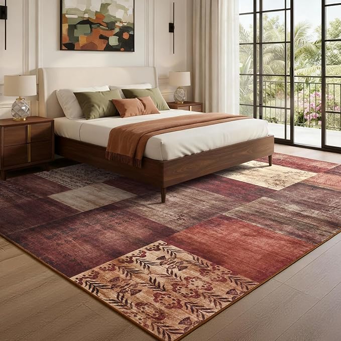 DweIke Washable Area Rugs for Living Room, 4x6 Soft Bedroom Rugs, Geometric Print Non-Slip Modern Rug, Stain Resistant Throw Carpets for Office Nursery Dining Room Home Dorm Decor, Red