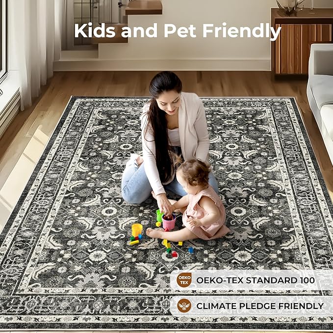 WITSHOCK Living Room Area Rugs 9x12: Soft Non-Slip Backing Washable Rugs Vintage Large Carpet for Bedroom Office Dining Room Kitchen Stain Resistant Home Decor Rug
