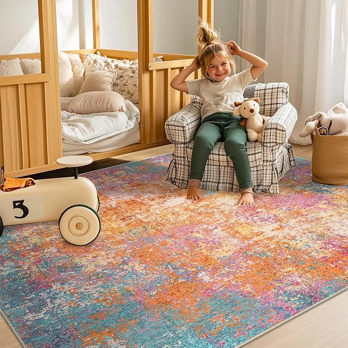 Washable Area Rugs 8'x10' Non-Slip Modern Abstract Soft for Living Room Entryway Bedroom Nursery, Print Pattern, Orange Blue Pink Yellow Colorful