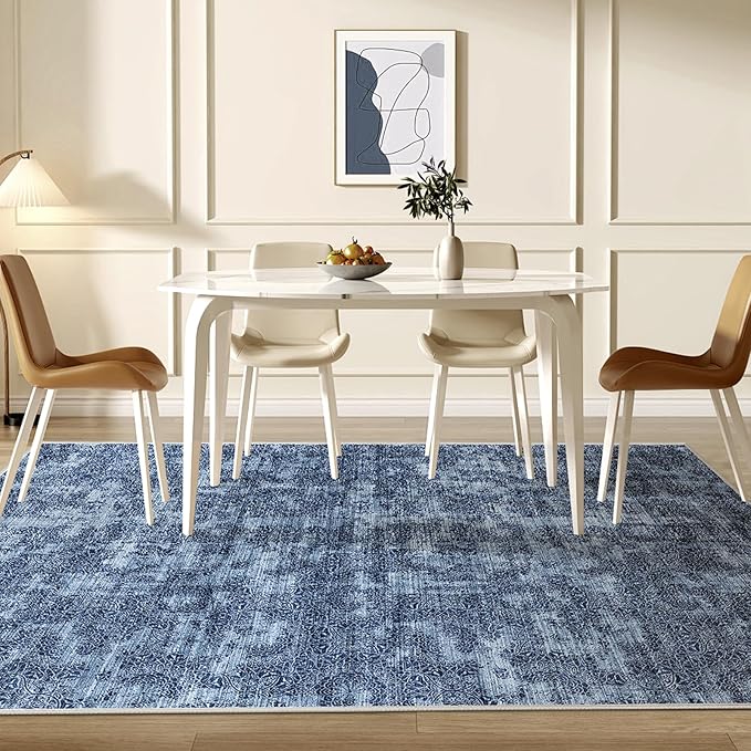 WITSHOCK 5x7 Area Rugs for Living Room: Machine Washable Non Slip Modern Abstract Carpet - Low Pile Print Rug for Bedroom Dining Room - Stain Resistant for Household - Pet Owners (Blue White)