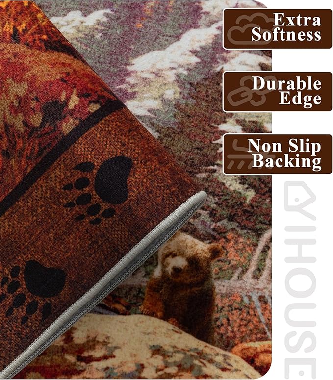 YIHOUSE Rustic Cabin Area Rug for Bedroom 8x10,Machine Washable Woodland Bear Rug,Non-Slip Low Pile Print Pattern Wildlife Rug for Living Room