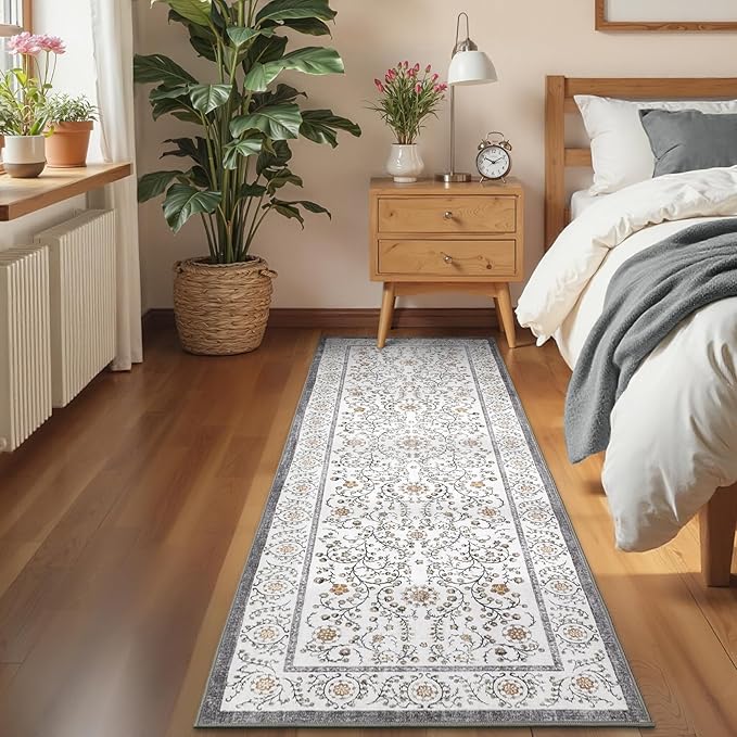GarveeHome Boho 2x6 Runner Rug for Hallways Non Slip, Vintage Botanical Kitchen Rugs Washable Area Rug for Entryway Stain Resistant, Low Pile Soft Runner Grey Carpet for Bedroom Floor Laundry Room